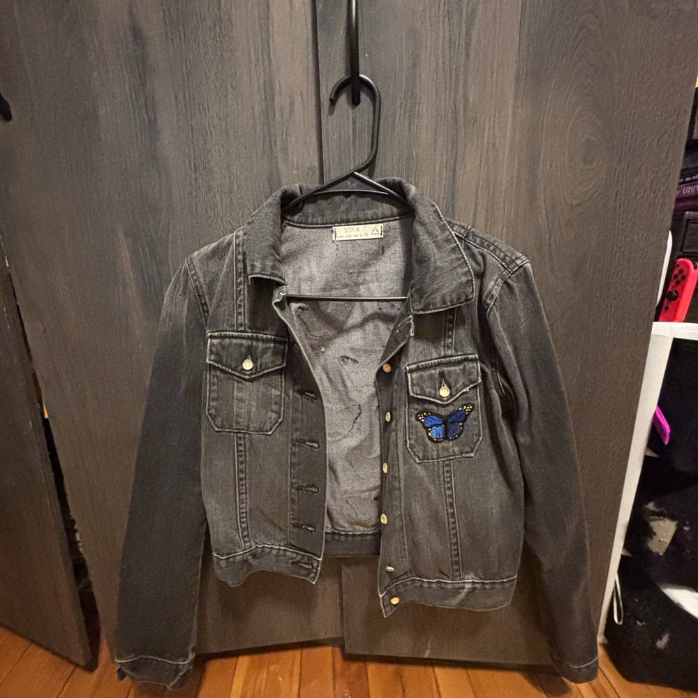 Gray Denim Jacket With Butterfly Patch - image 1